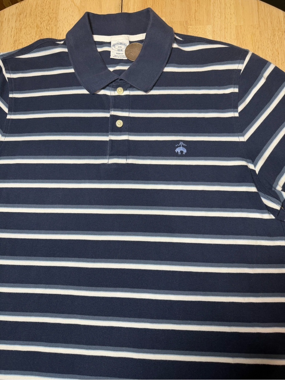 Brooks Brothers Embroidered Slim Fit Navy White Striped Polo Shirt Mens XXL 2XL